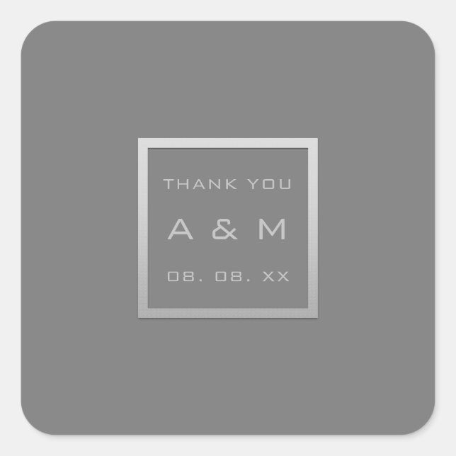 Monogram Thank Grey Frame Silver Date Wedding Square Sticker (Front)