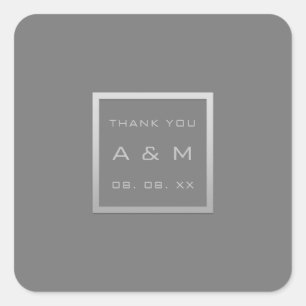 Monogram Thank Grey Frame Silver Date Wedding Square Sticker