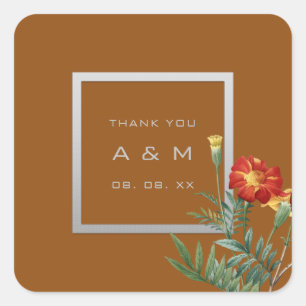 Monogram Thank Grey Frame Silver Floral Brown Square Sticker