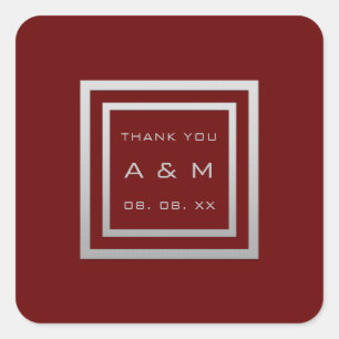 Monogram Thank Grey Frame Silver Wedding Maroon Square Sticker