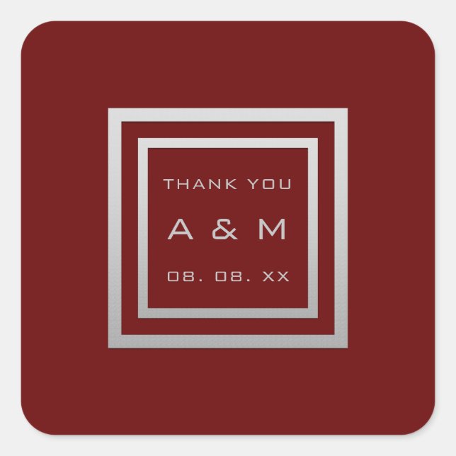 Monogram Thank Grey Frame Silver Wedding Maroon Square Sticker (Front)
