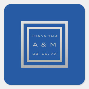 Monogram Thank Grey Frame Silver Wedding Royal Blu Square Sticker