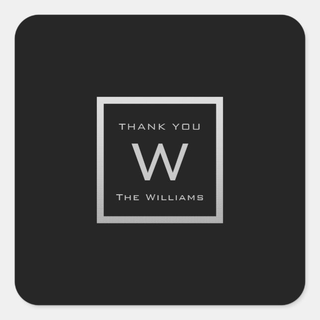 Monogram Thank Grey Silver Frame VIP Wedding Black Square Sticker (Front)