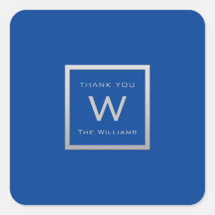 Monogram Thank Grey Silver Frame VIP Wedding Blue Square Sticker