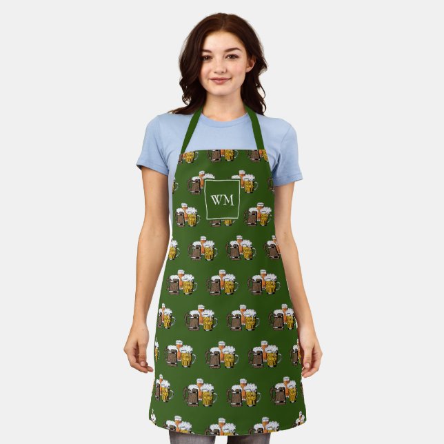 Monogram | THREE BEERS CHEERS Cartoon | Green Apron (Worn)