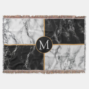 Monogram Throw Blanket Black White Check Marble