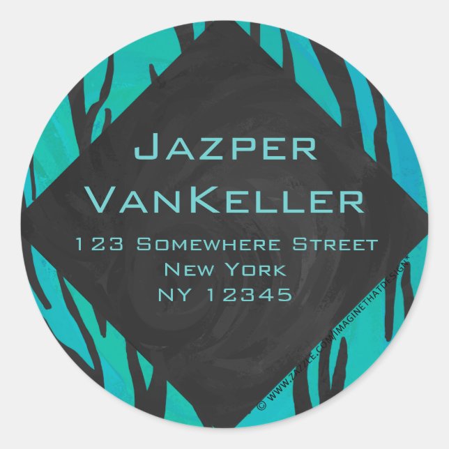 Monogram Tiger Black and Teal Print Pattern Classic Round Sticker (Front)