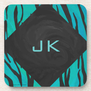 Monogram Tiger Black and Teal Print Pattern Coaster