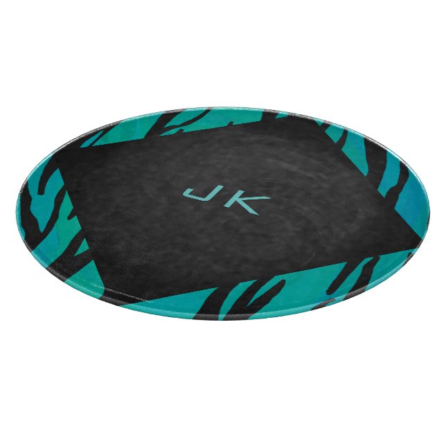 Monogram Tiger Black and Teal Print Pattern Cutting Board (Corner)