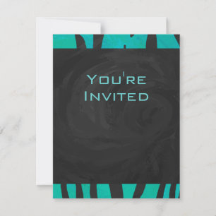 Monogram Tiger Black and Teal Print Pattern Invitation