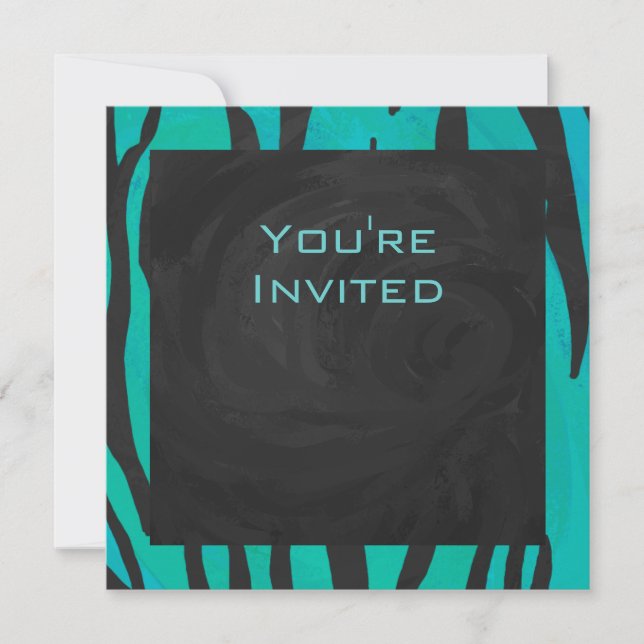 Monogram Tiger Black and Teal Print Pattern Invitation (Front)