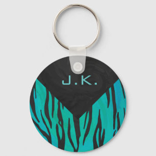 Monogram Tiger Black and Teal Print Pattern Key Ring