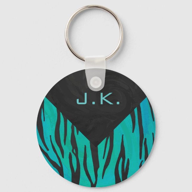 Monogram Tiger Black and Teal Print Pattern Key Ring (Front)