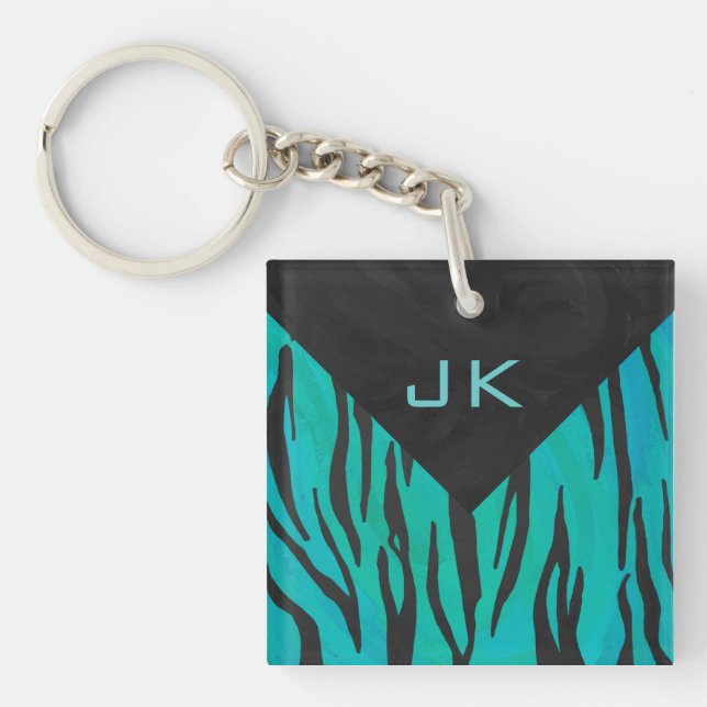 Monogram Tiger Black and Teal Print Pattern Key Ring (Front)