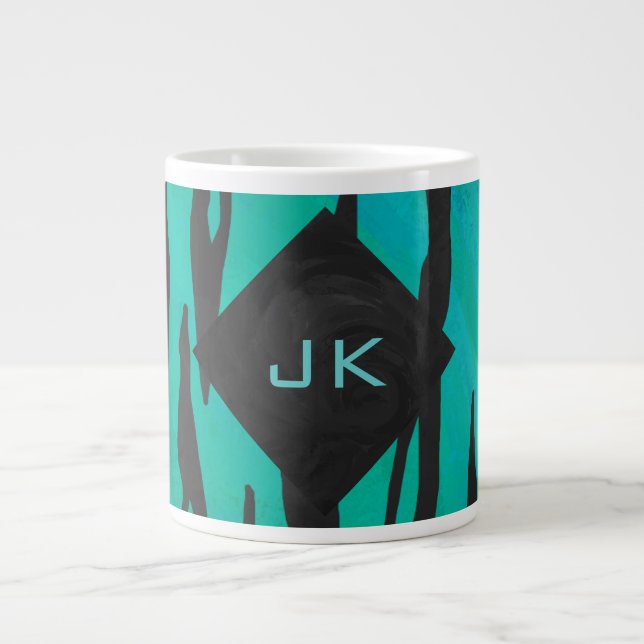 Monogram Tiger Black and Teal Print Pattern Large Coffee Mug (Front)