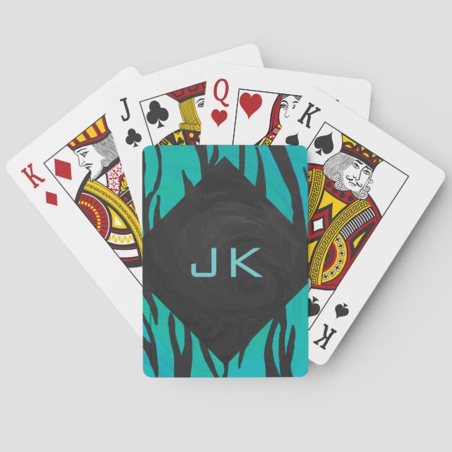 Monogram Tiger Black and Teal Print Pattern Playing Cards (Back)