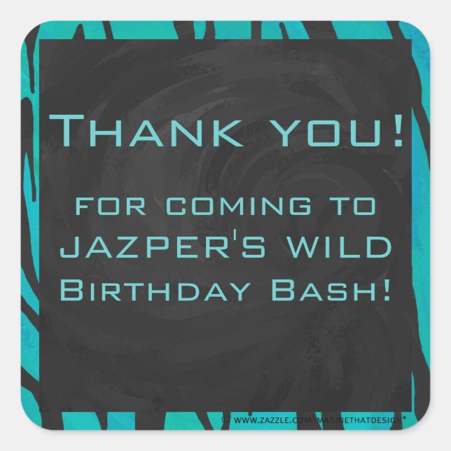 Monogram Tiger Black and Teal Print Pattern Square Sticker (Front)