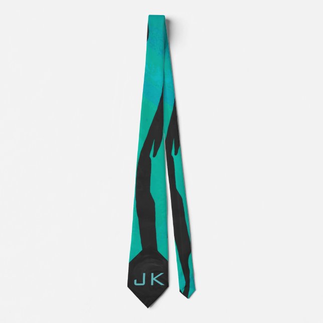Monogram Tiger Black and Teal Print Pattern Tie (Front)