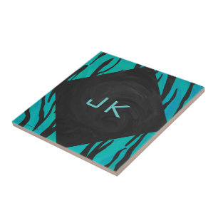 Monogram Tiger Black and Teal Print Pattern Tile