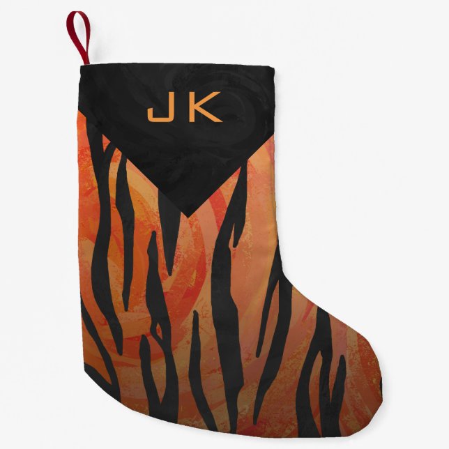 Monogram Tiger Hot Orange and Black Print Pattern Small Christmas Stocking (Front)