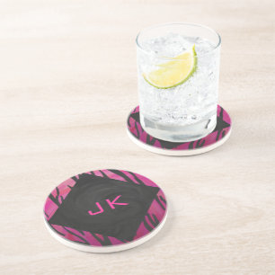 Monogram Tiger Hot Pink and Black Print Pattern Coaster