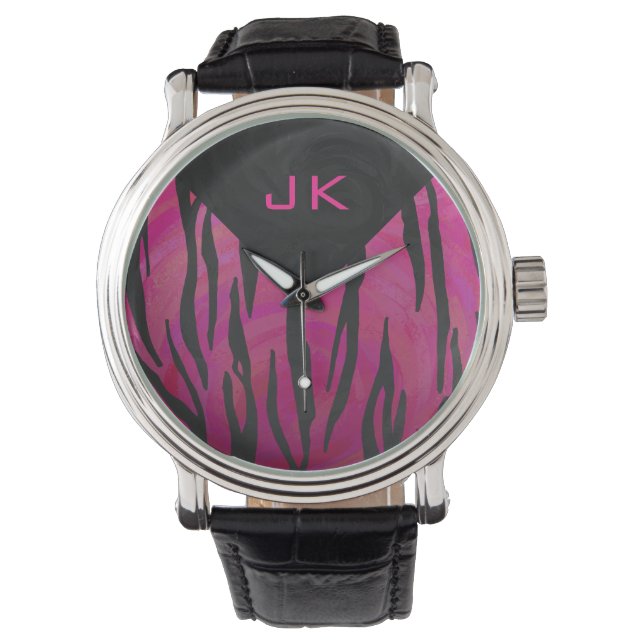 Monogram Tiger Hot Pink and Black Print Pattern Watch (Front)