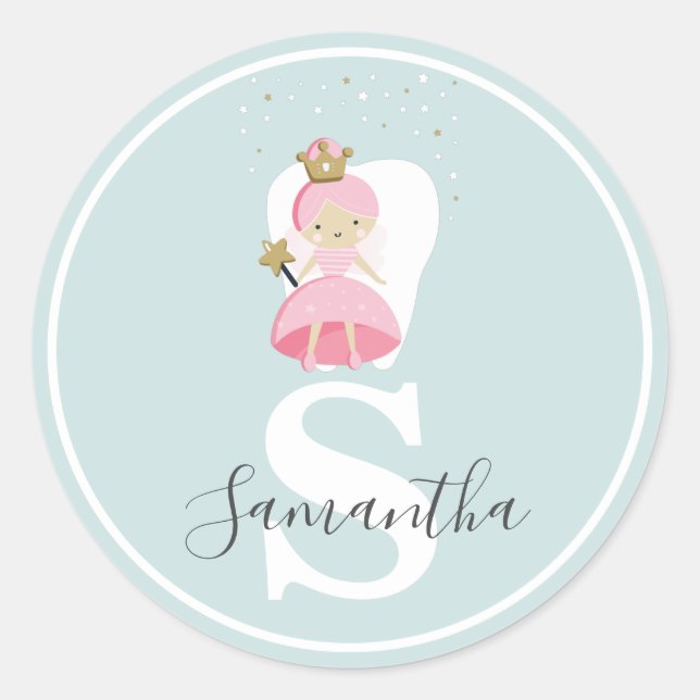 Monogram Tooth Fairy Sticker. Gift Decoration Classic Round Sticker (Front)
