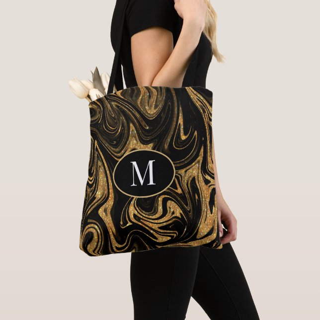 Monogram Tote Bag Gold Glitter On Black Background (Close Up)