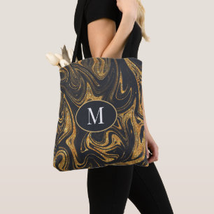 Monogram Tote Bag Gold Glitter On Gray Background