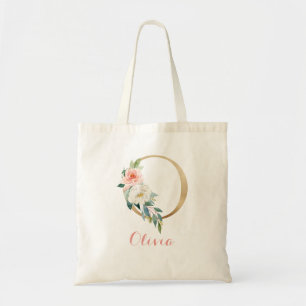 Monogram Tote Bag, Letter "O" Floral Gold Blush Bag