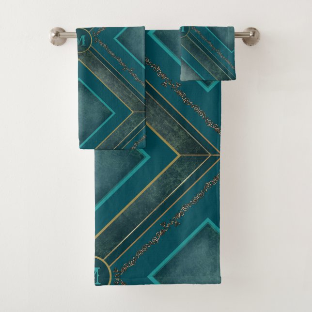 Monogram Towel Set in Teal and Gold (Insitu)