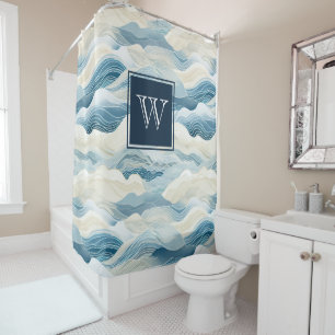 Monogram Tranquil Blue and White Wave Pattern Show Shower Curtain