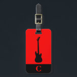 Monogram Travel Music Electric Bass Guitar Red Luggage Tag<br><div class="desc">Luggage tag with a black electric bass guitar on a red background, monogram initial(s)/name on a black stripe monogram frame, name, and address information on a red background. Personalise with your monogram initial(s)/name, name, and address information using the easy templates. Font colour, font style, font size, and red background colour...</div>