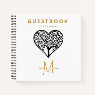 Monogram Tree of Life Wedding Guest Book Gold Blac