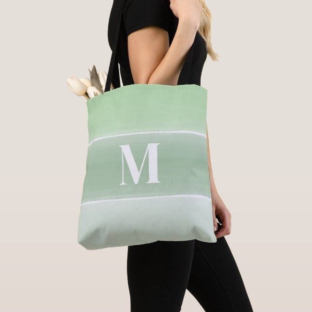 Monogram Trendy Initial Stylish Green Stripes Tote Bag (Close Up)