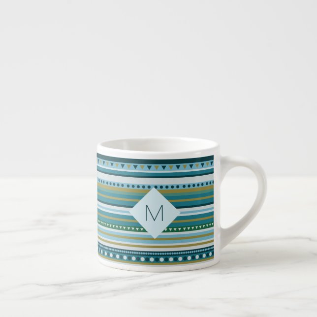 Monogram Tribal Teal Blue Pattern Espresso Mug (Right)