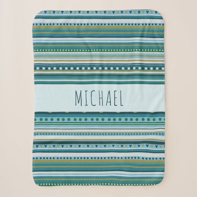 Monogram Tribal Teal Blue Stripes Sherpa Blanket (Front)