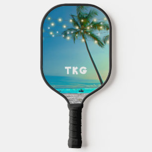 Monogram Tropical Beach Palm Trees String Lights Pickleball Paddle