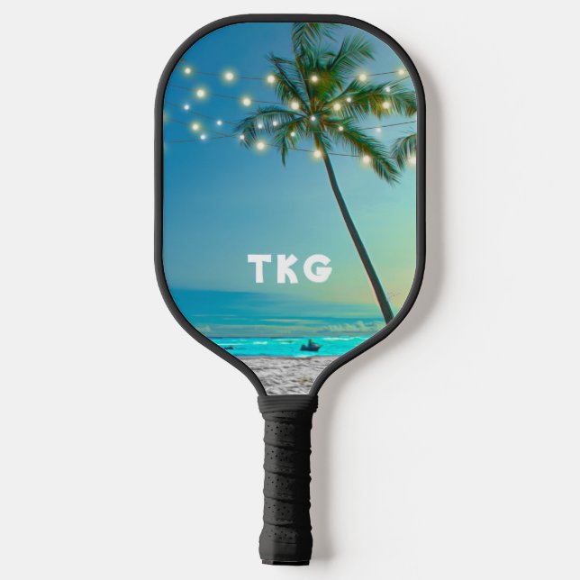 Monogram Tropical Beach Palm Trees String Lights Pickleball Paddle (Back)
