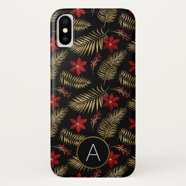 Monogram Tropical Black and Gold Foil Leaves Case-Mate iPhone Case (Back)