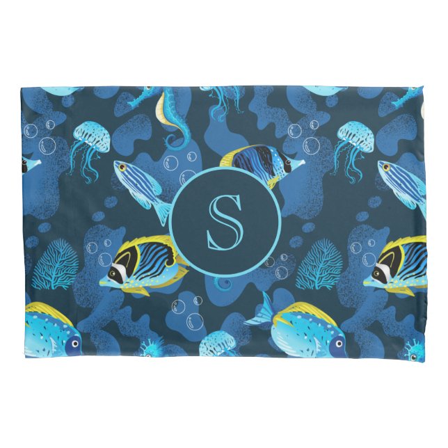 Monogram Tropical Blue Yellow Fishes Illustration Pillowcase (Front)