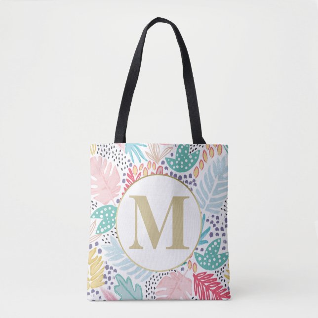 Monogram Tropical Colorful Collage Tote Bag (Front)