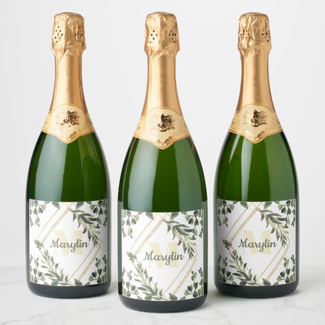 Monogram Tropical Foliage Minimal design Sparkling Wine Label (Bottles)