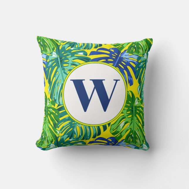 Monogram Tropical Green Yellow Monstera Leaves  Cushion (Front)