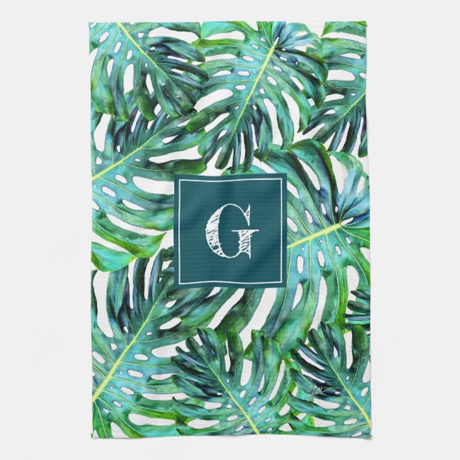 Monogram Tropical Greenery Pattern Monstera Leaf Tea Towel (Vertical)