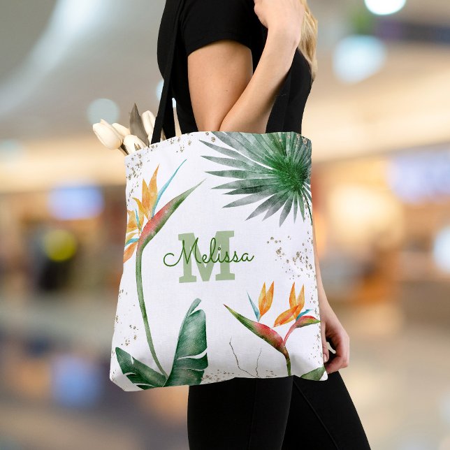Monogram Tropical Island Floral Script Gold White Tote Bag (Creator Uploaded)