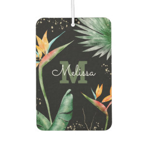 Monogram Tropical Palm Foliage Gold Black Script Car Air Freshener