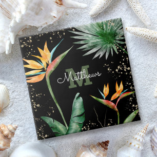 Monogram Tropical Palm Foliage Script Gold Black Tile