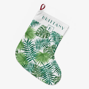 Monogram Tropical Palm Leaves Green Large Christmas Stocking