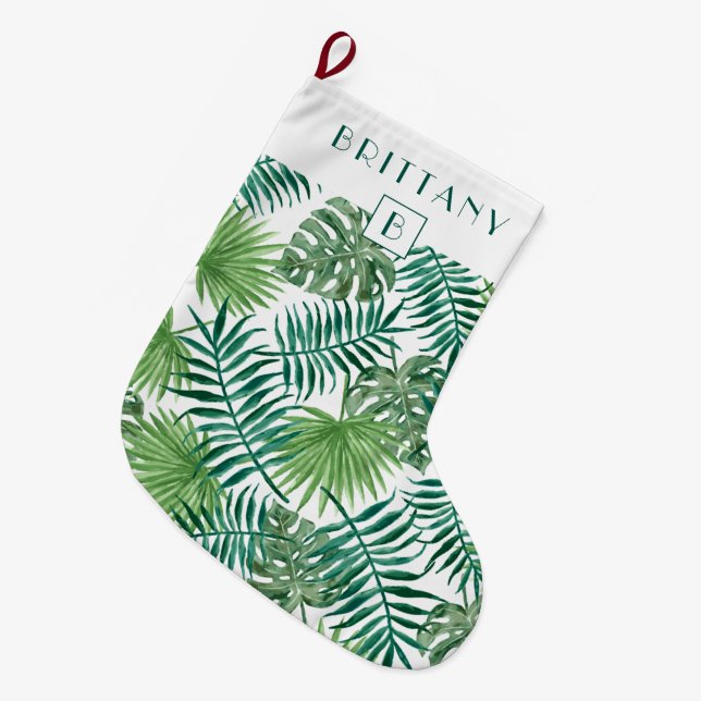 Monogram Tropical Palm Leaves Green Large Christmas Stocking (Front (Hanging))